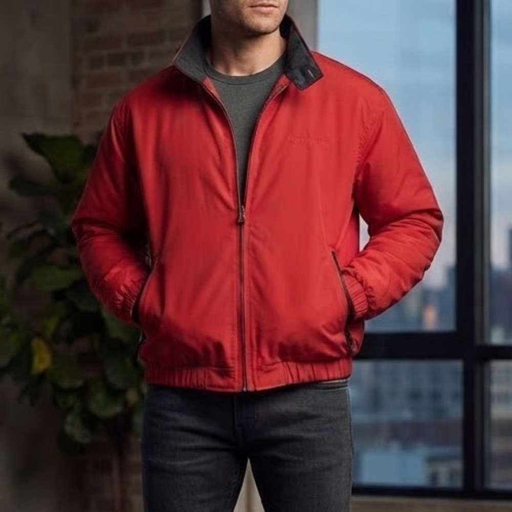 Vintage Eddie Bauer Mens Red Fleece Lined Full Zip Nylon Jacket Large VTG Coat